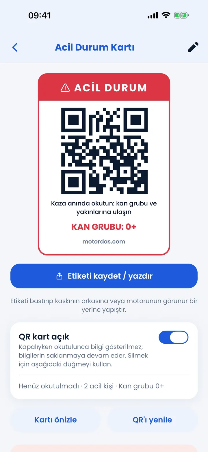 Acil Durum Kartı: kaska yapıştırılacak QR etiketi, kan grubu ve kart ayarları