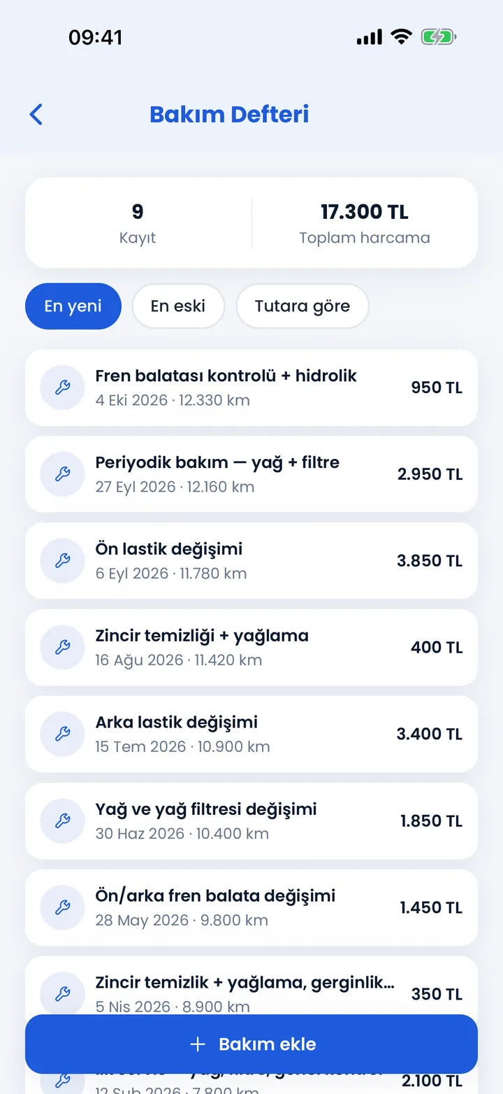 Bakım defteri: yapılan bakımlar, tarih, kilometre ve tutar
