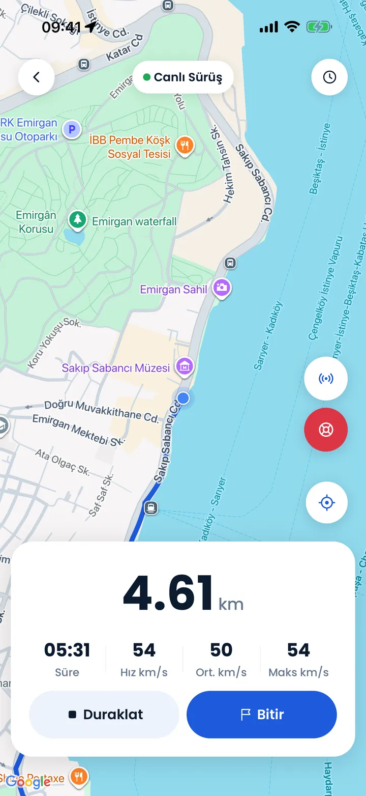 Canlı Sürüş ekranı: haritada çizilen rota, 4,61 km mesafe, süre, anlık hız ve maksimum hız