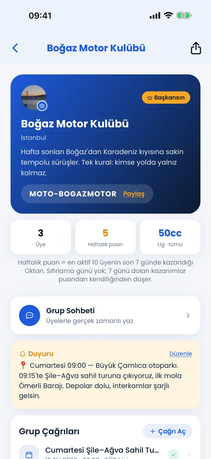 Grup sayfası: Boğaz Motor Kulübü, grup puanı, lig, duyuru, grup sohbeti ve sürüş çağrıları