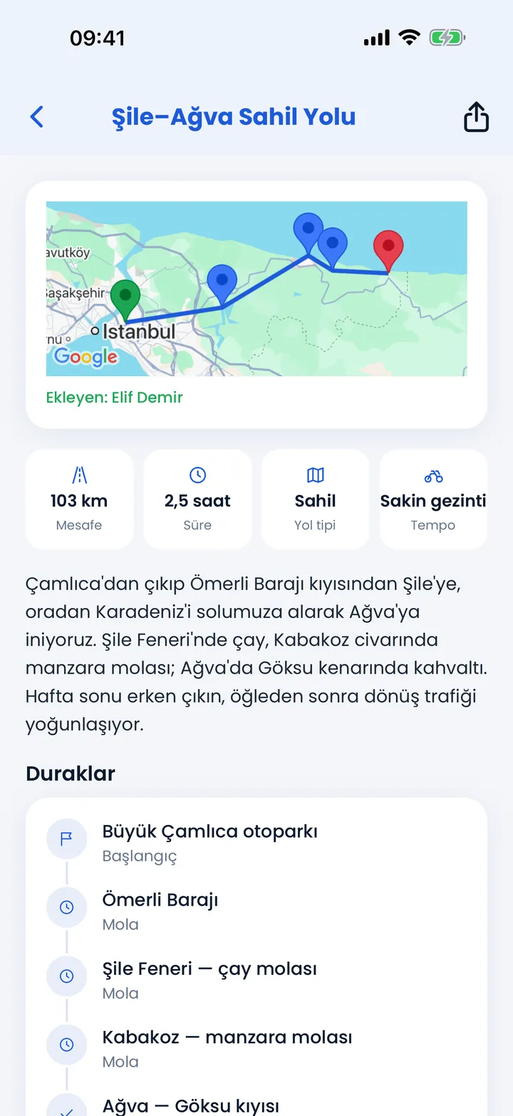 Rota detayı: Şile–Ağva Sahil Yolu, 103 km, haritada duraklar ve durak listesi