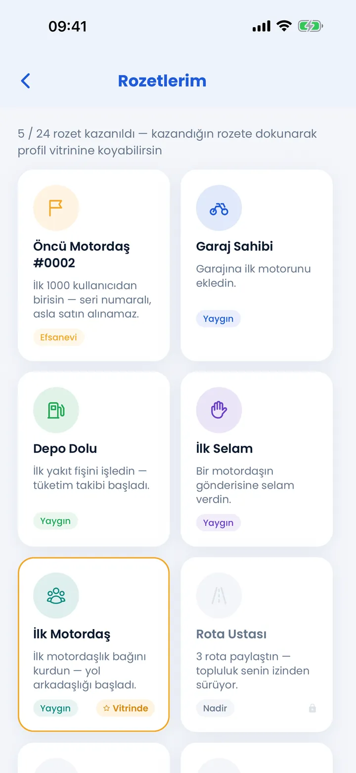 Rozetler: Öncü Motordaş, Garaj Sahibi, Depo Dolu, İlk Selam ve diğer rozetler