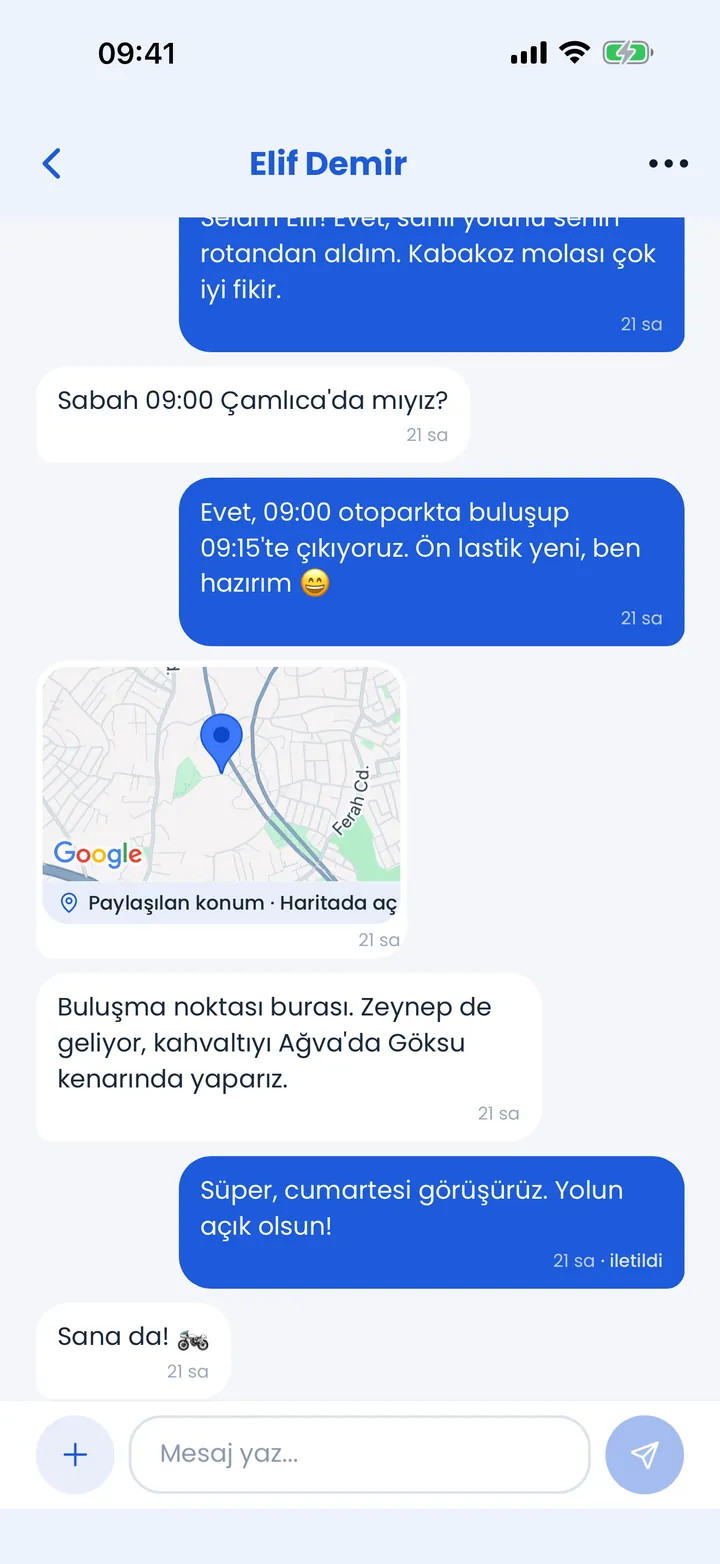 Motordaş sohbeti: buluşma planı ve paylaşılan konum mesajı