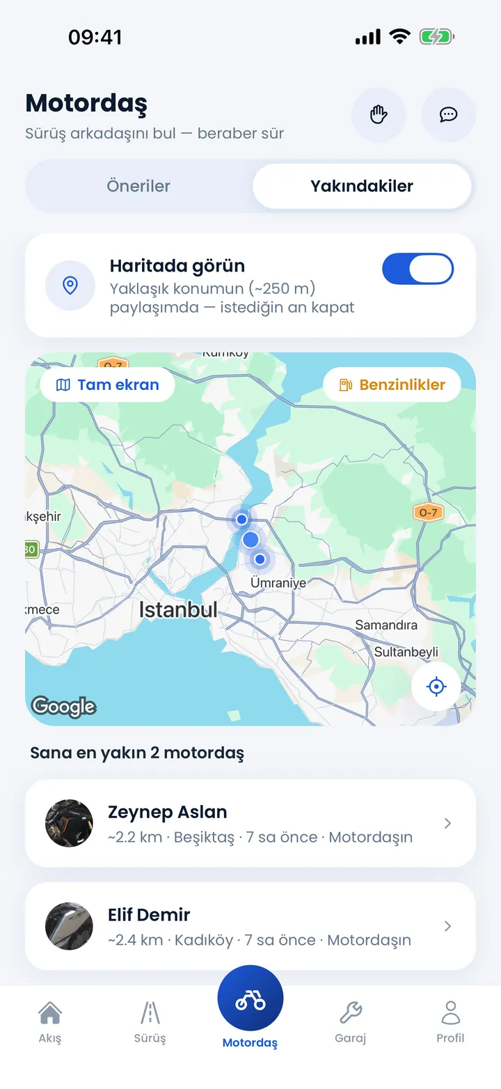 Yakındakiler: yaklaşık konumla haritada ve listede yakındaki motordaşlar